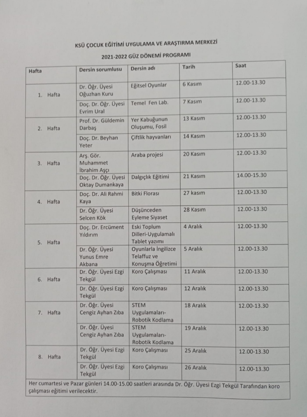 2021-2022 Güz Dönemi Çocuk Eğitimi Uygulama ve Araştırma Merkezi Etkinlik Takvimi 06.11.2021 